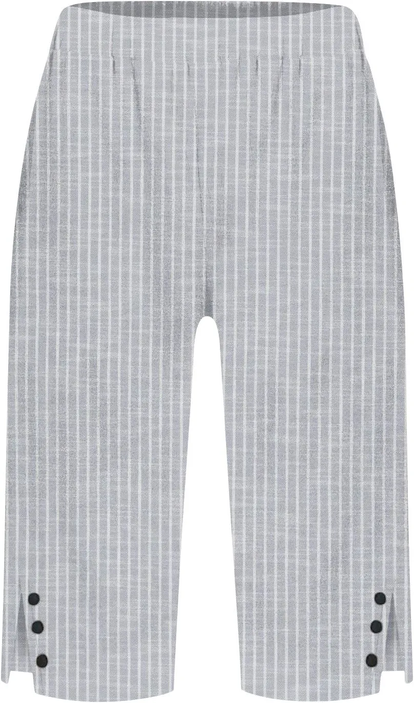 Linen Capri Pants for Women Casual Summer Retro Stripe Bermuda Shorts Light Weight Knee Length Plus Size Trousers