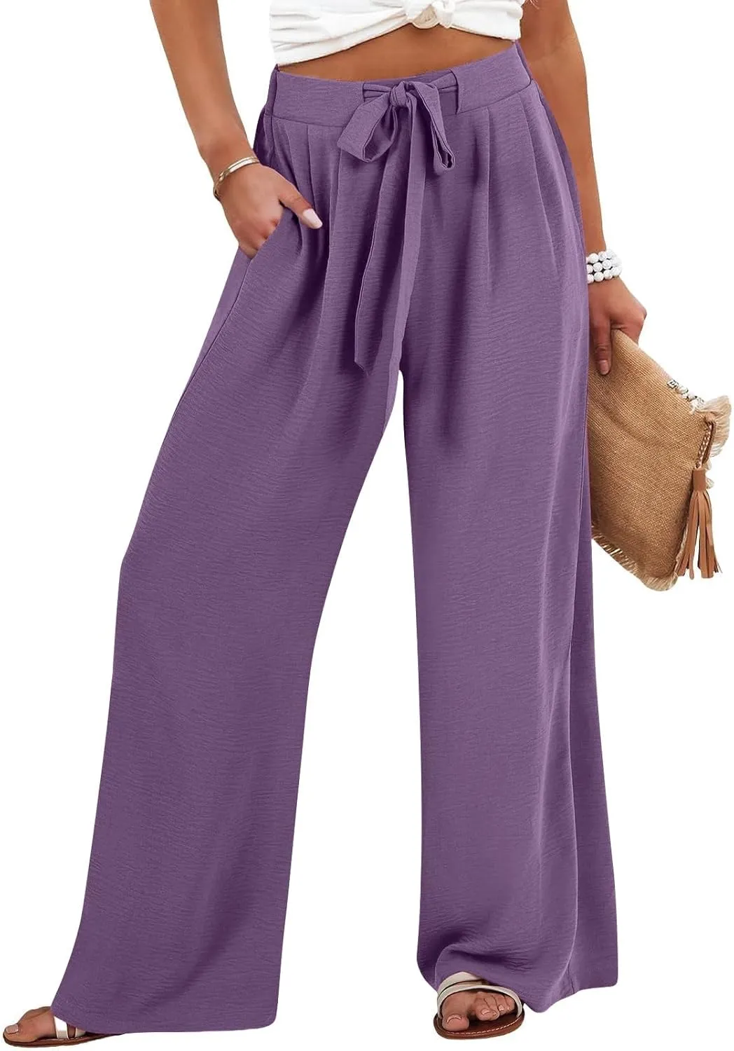 Linen Capri Pants Women Wide Leg Straight with Pocket Drawstrings Loose Casual Summer Vacation 2025