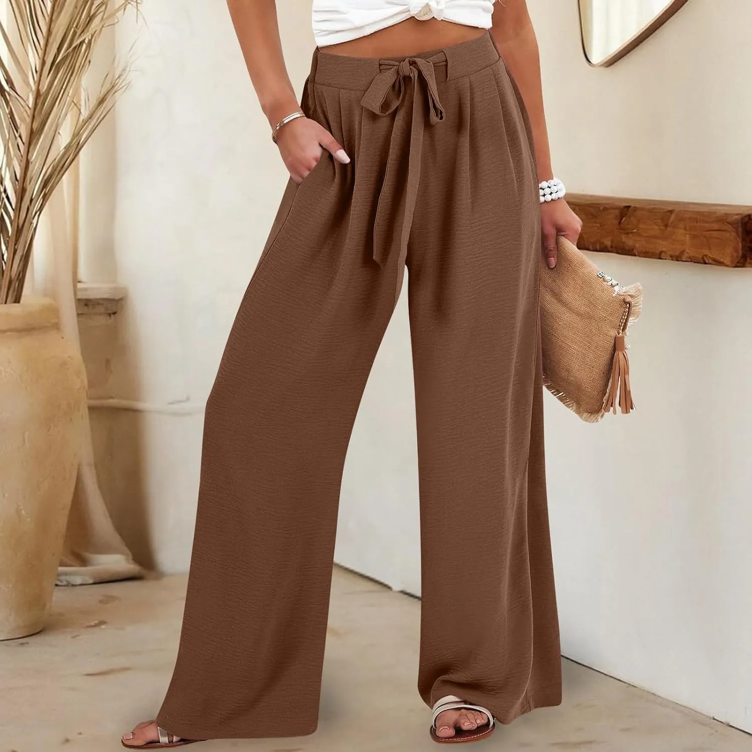 Linen Capri Pants Women Wide Leg Straight with Pocket Drawstrings Loose Casual Summer Vacation 2025