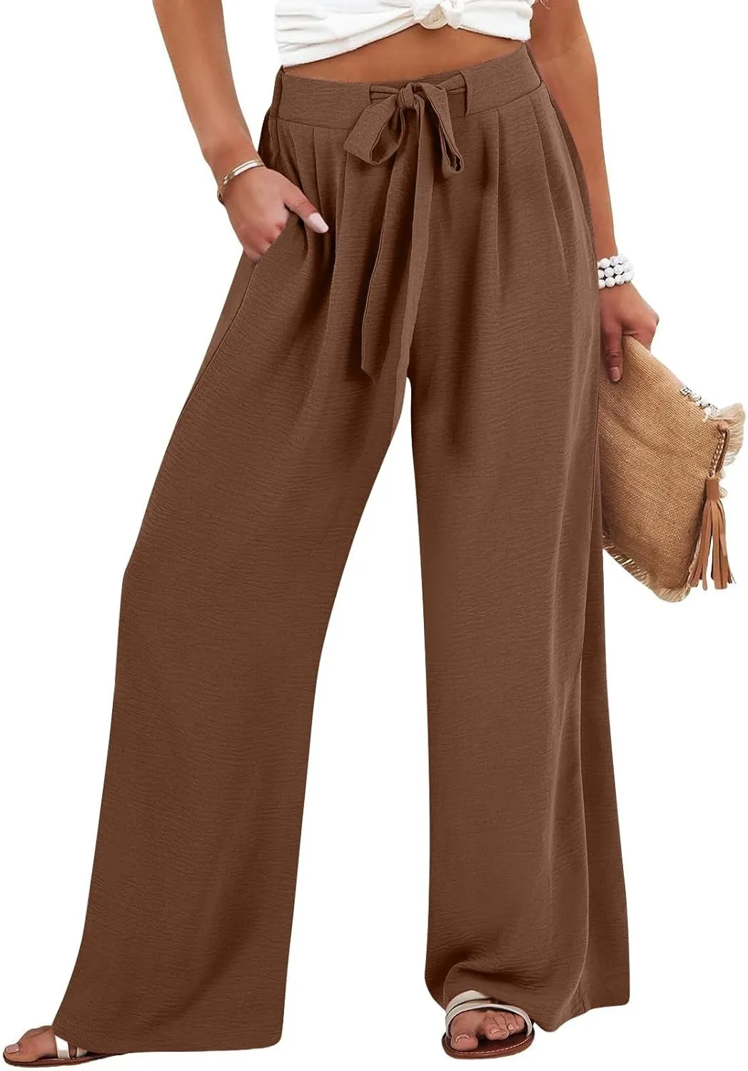 Linen Capri Pants Women Wide Leg Straight with Pocket Drawstrings Loose Casual Summer Vacation 2025