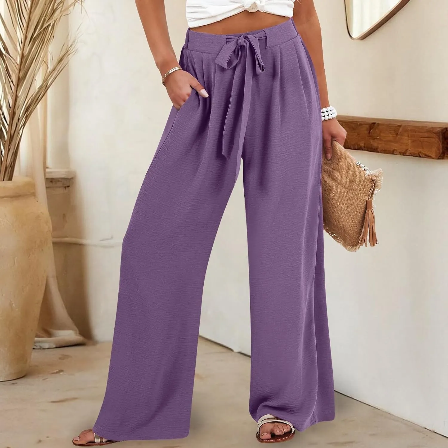 Linen Capri Pants Women Wide Leg Straight with Pocket Drawstrings Loose Casual Summer Vacation 2025