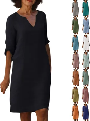 Linen Dresses for Women 2025 Casual Summer 3/4 Sleeve V Neck Knee Length Dress Mini Cruise Beach Vacation Sun Dresses