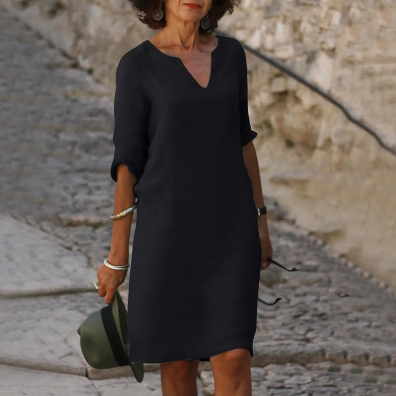 Linen Dresses for Women 2025 Casual Summer 3/4 Sleeve V Neck Knee Length Dress Mini Cruise Beach Vacation Sun Dresses