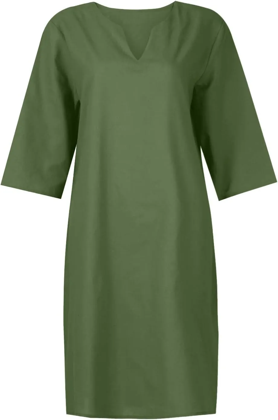 Linen Dresses for Women Casual Summer 3/4 Sleeve V Neck Knee Length Dress Loose Comfy T Shirt Dress Mumu Nightgown