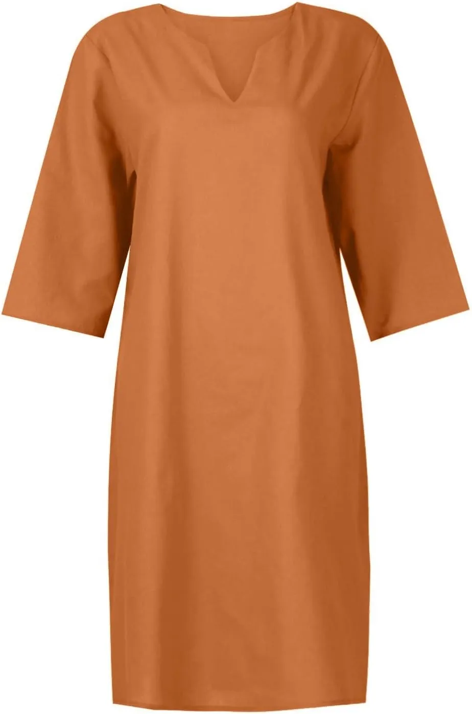 Linen Dresses for Women Casual Summer 3/4 Sleeve V Neck Knee Length Dress Loose Comfy T Shirt Dress Mumu Nightgown