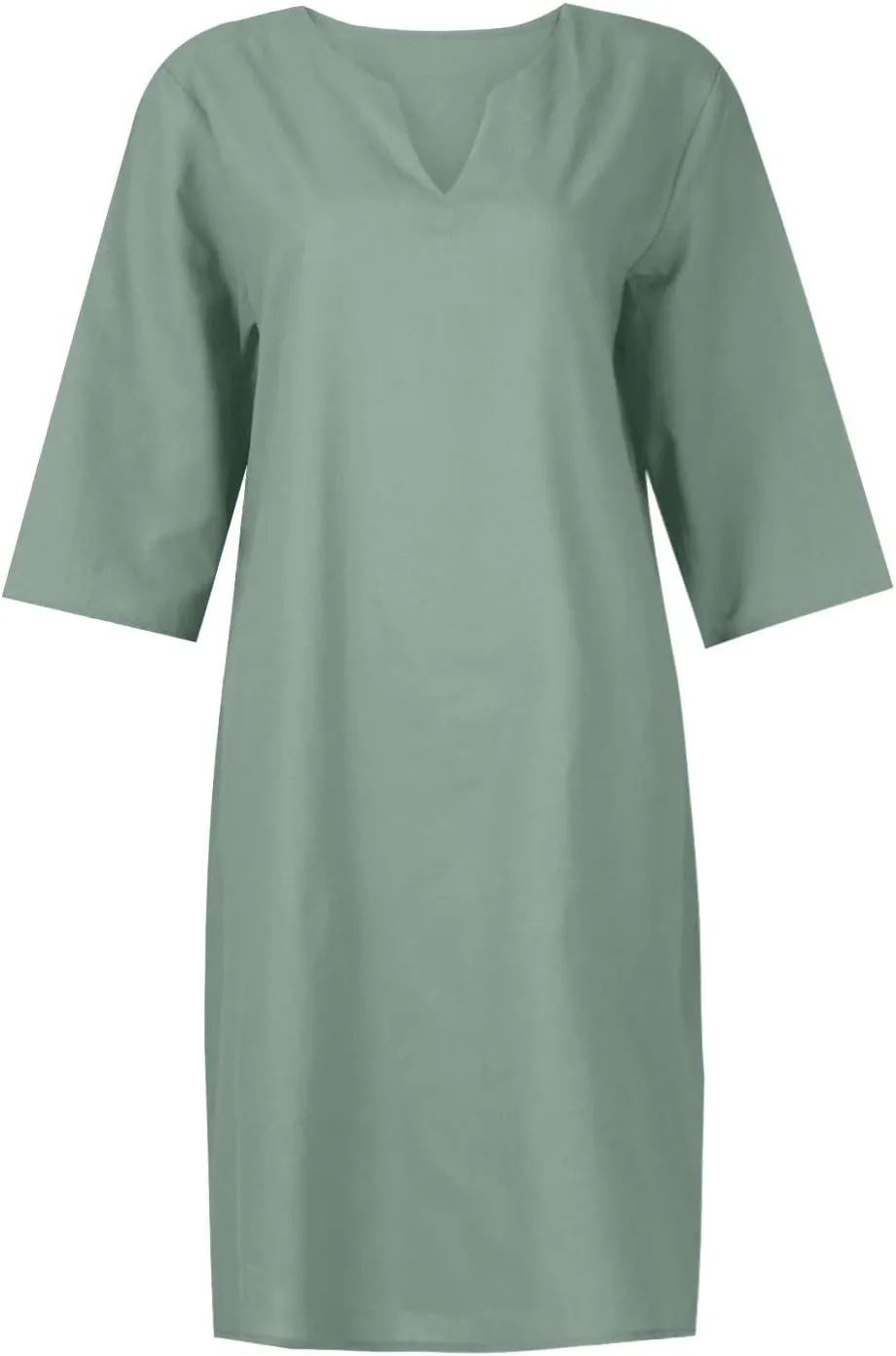 Linen Dresses for Women Casual Summer 3/4 Sleeve V Neck Knee Length Dress Loose Comfy T Shirt Dress Mumu Nightgown