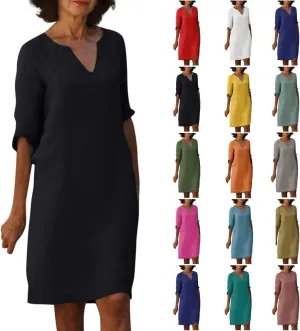 Linen Dresses for Women Casual Summer 3/4 Sleeve V Neck Knee Length Dress Loose Comfy T Shirt Dress Mumu Nightgown