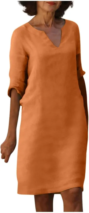 Linen Dresses for Women Casual Summer 3/4 Sleeve V Neck Knee Length Dress Loose Comfy T Shirt Dress Mumu Nightgown