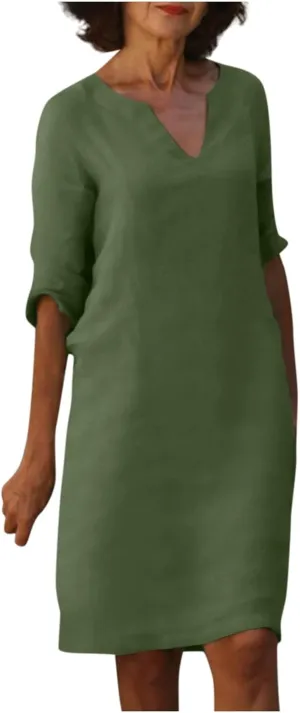 Linen Dresses for Women Casual Summer 3/4 Sleeve V Neck Knee Length Dress Loose Comfy T Shirt Dress Mumu Nightgown