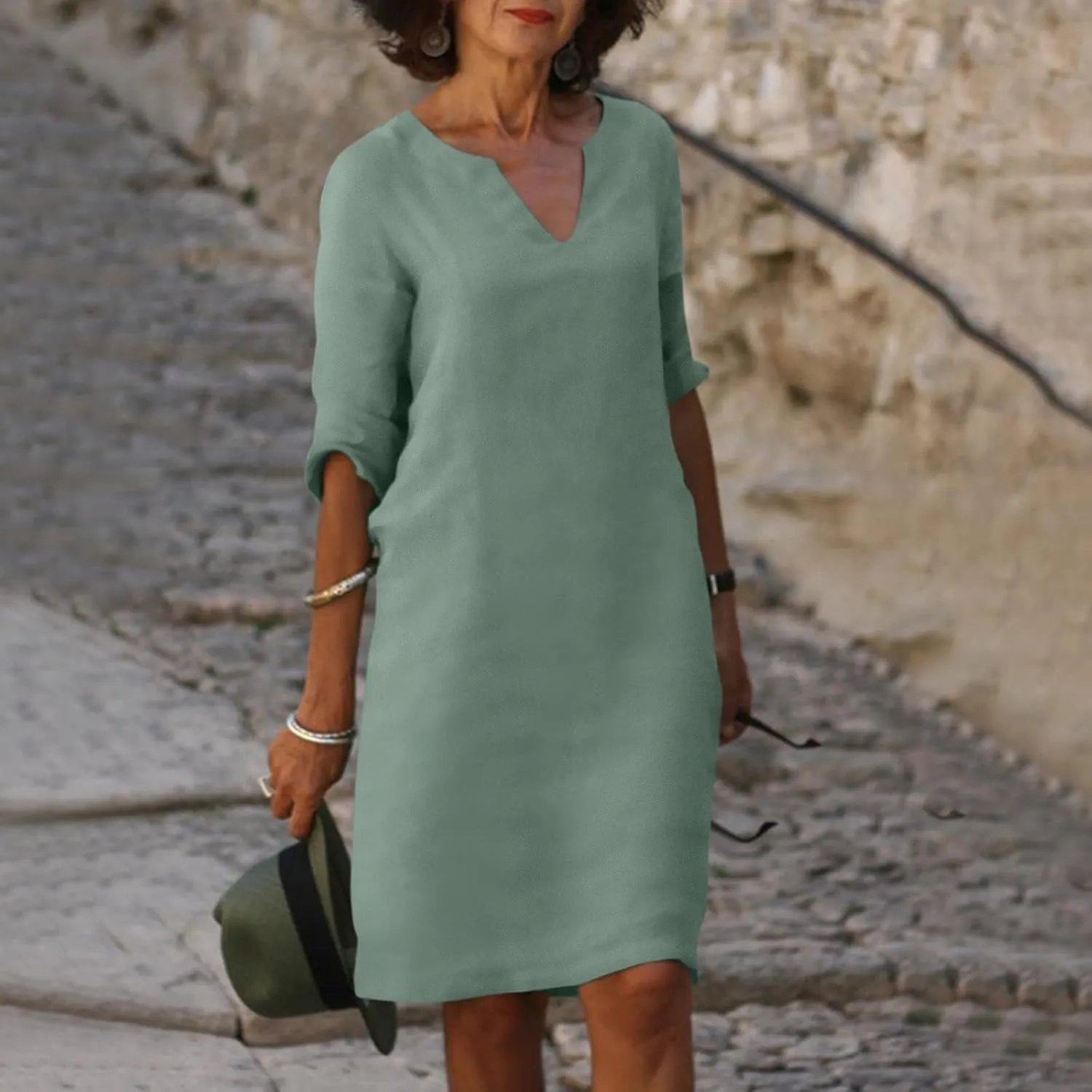 Linen Dresses for Women Casual Summer 3/4 Sleeve V Neck Knee Length Dress Loose Comfy T Shirt Dress Mumu Nightgown