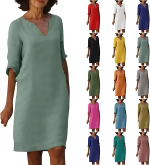 Linen Dresses for Women Casual Summer 3/4 Sleeve V Neck Knee Length Dress Loose Comfy T Shirt Dress Mumu Nightgown