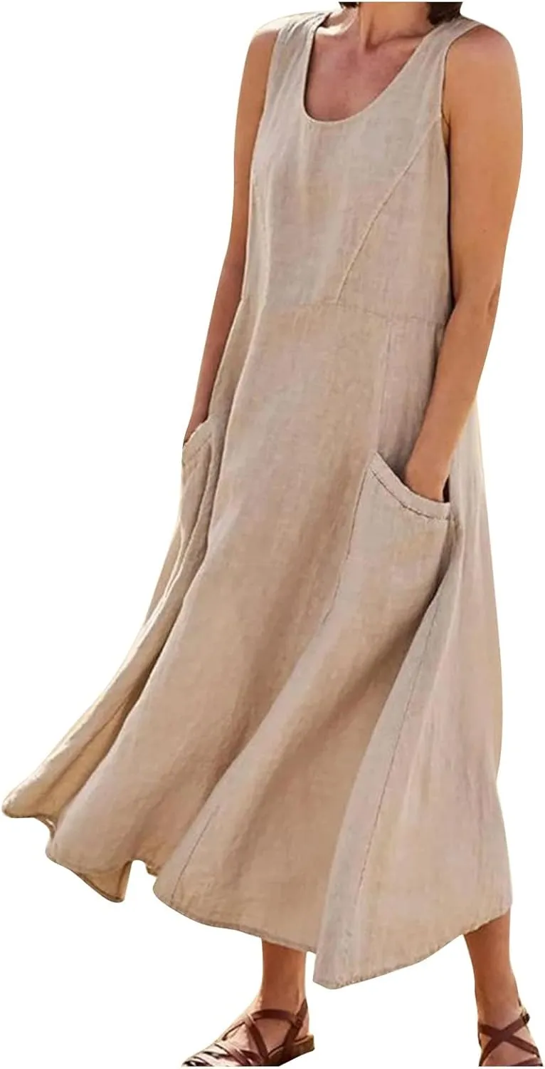 Linen Dresses for Women Casual Summer Comfy Cotton Sundresses Beach Vacation Sleeveless Loose Maxi Dress with Pocket