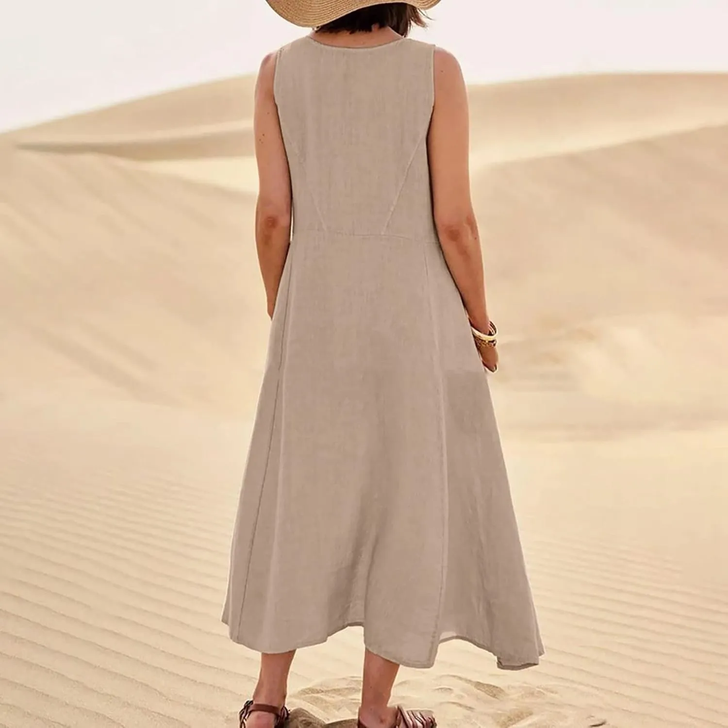 Linen Dresses for Women Casual Summer Comfy Cotton Sundresses Beach Vacation Sleeveless Loose Maxi Dress with Pocket