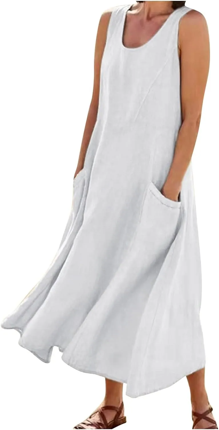 Linen Dresses for Women Casual Summer Comfy Cotton Sundresses Beach Vacation Sleeveless Loose Maxi Dress with Pocket