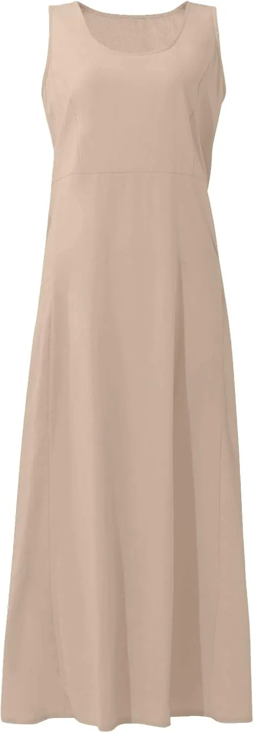 Linen Dresses for Women Casual Summer Comfy Cotton Sundresses Beach Vacation Sleeveless Loose Maxi Dress with Pocket