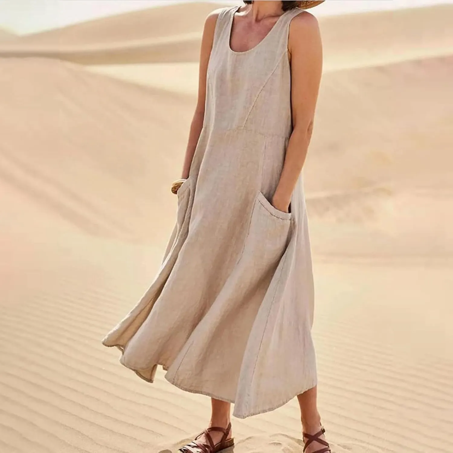 Linen Dresses for Women Casual Summer Comfy Cotton Sundresses Beach Vacation Sleeveless Loose Maxi Dress with Pocket