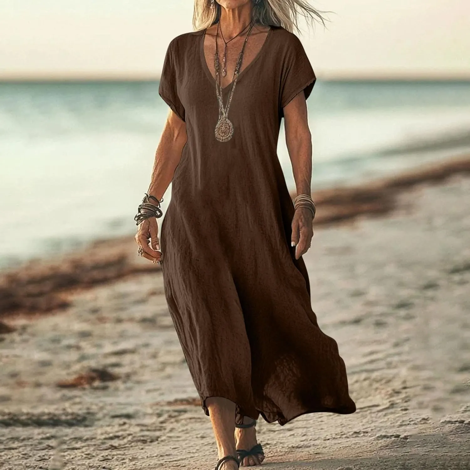 Linen Dresses for Women Short Sleeve V-Neck Beach Sundresses Lightweight Flowy Loose Summer Midi Dress