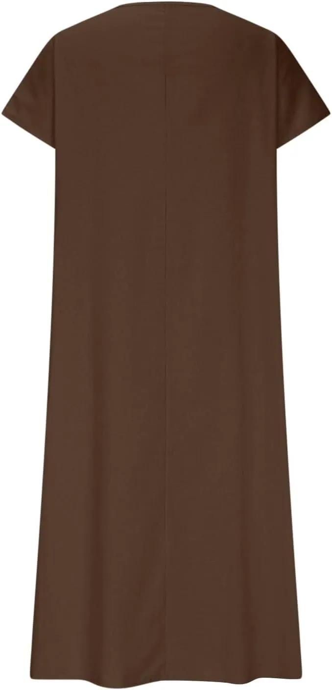 Linen Dresses for Women Short Sleeve V-Neck Beach Sundresses Lightweight Flowy Loose Summer Midi Dress