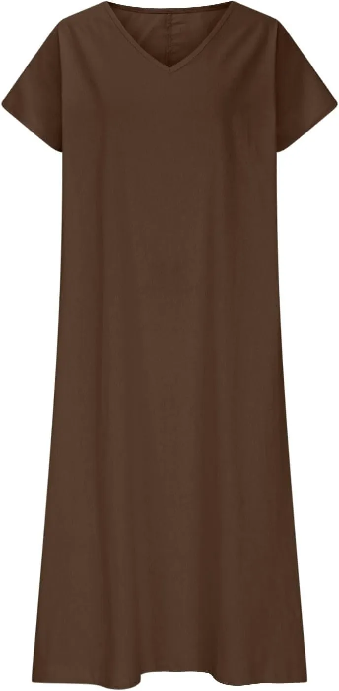 Linen Dresses for Women Short Sleeve V-Neck Beach Sundresses Lightweight Flowy Loose Summer Midi Dress