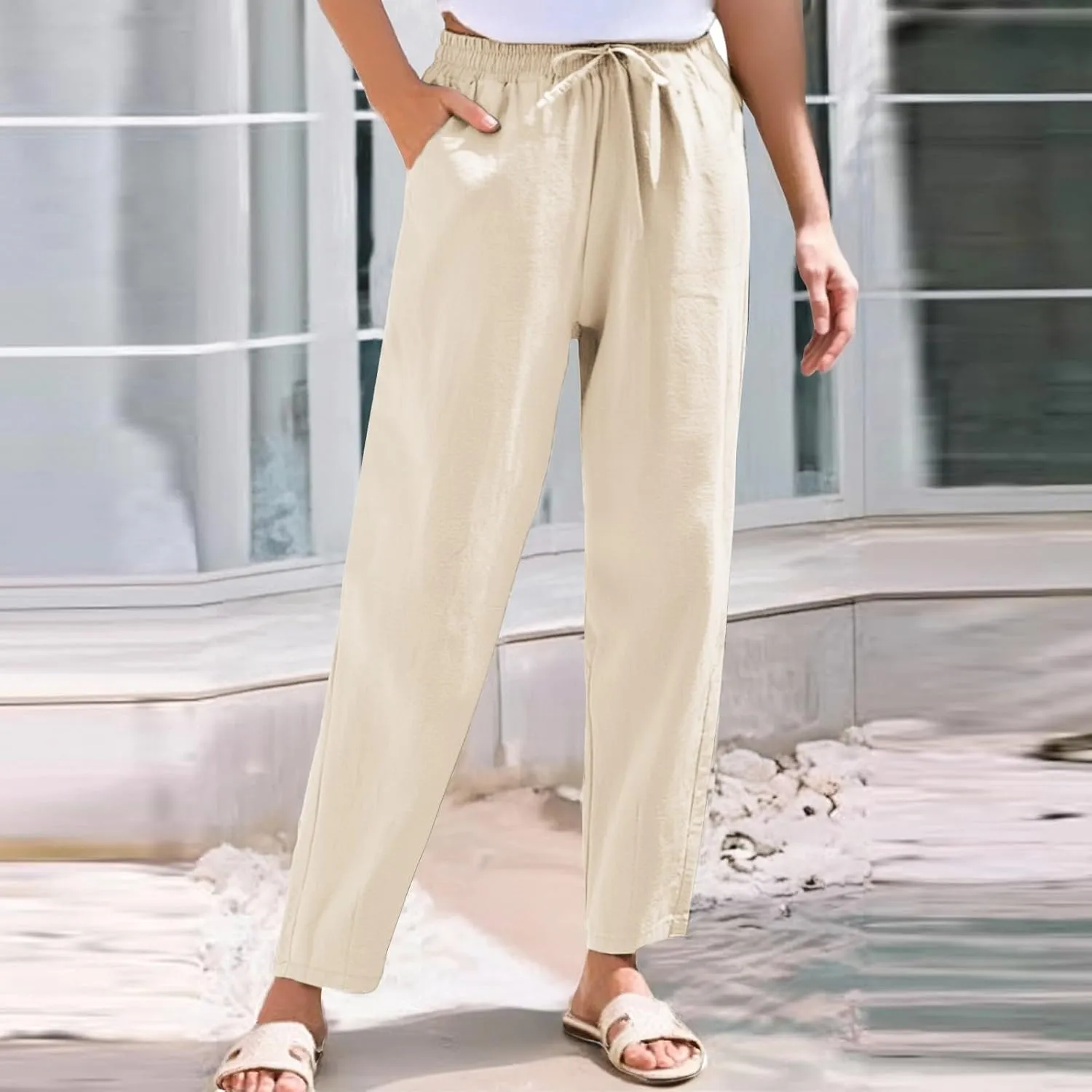 Linen Pants for Women 2025 Drawstring Lounge Trousers Elastic Waist Summer Beach Pant Outfits with Pockets