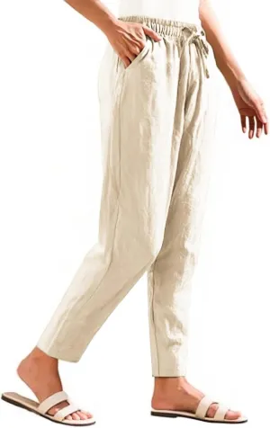 Linen Pants for Women 2025 Drawstring Lounge Trousers Elastic Waist Summer Beach Pant Outfits with Pockets