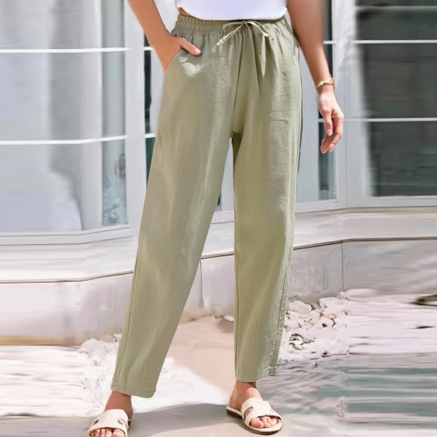 Linen Pants for Women 2025 Drawstring Lounge Trousers Elastic Waist Summer Beach Pant Outfits with Pockets