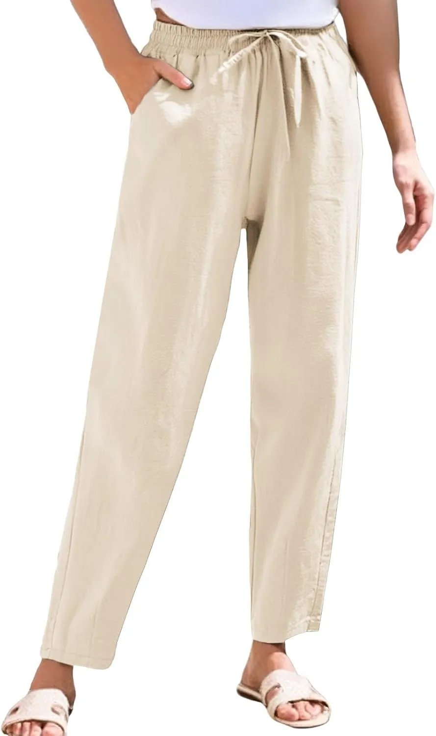 Linen Pants for Women 2025 Drawstring Lounge Trousers Elastic Waist Summer Beach Pant Outfits with Pockets