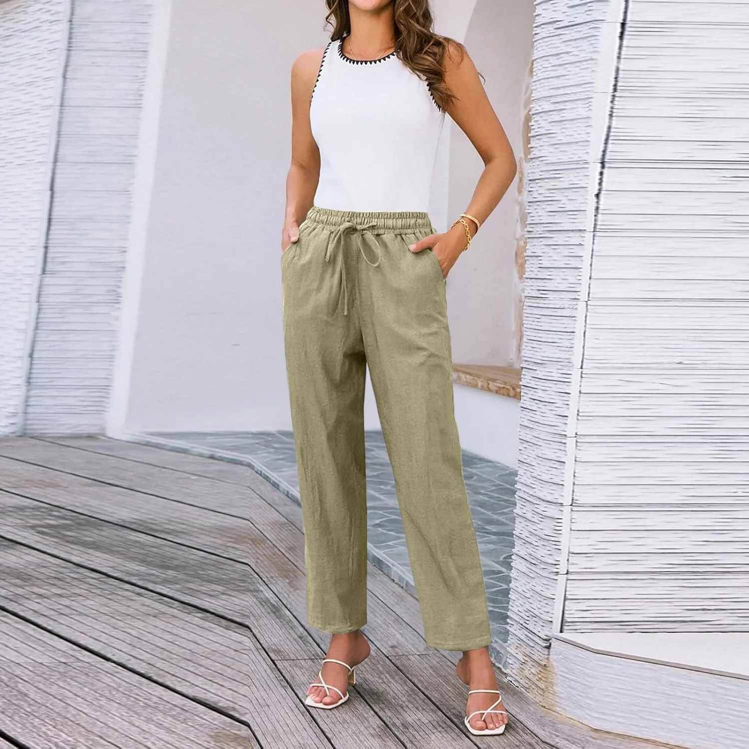 Linen Pants for Women 2025 Drawstring Lounge Trousers Elastic Waist Summer Beach Pant Outfits with Pockets