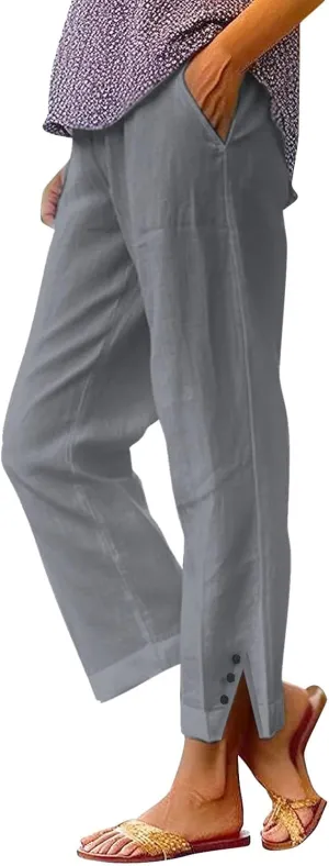Linen Pants for Women Summer Elastic Waist Straight Leg Plus Size Crop Button Casual Beach Trousers with Pockets
