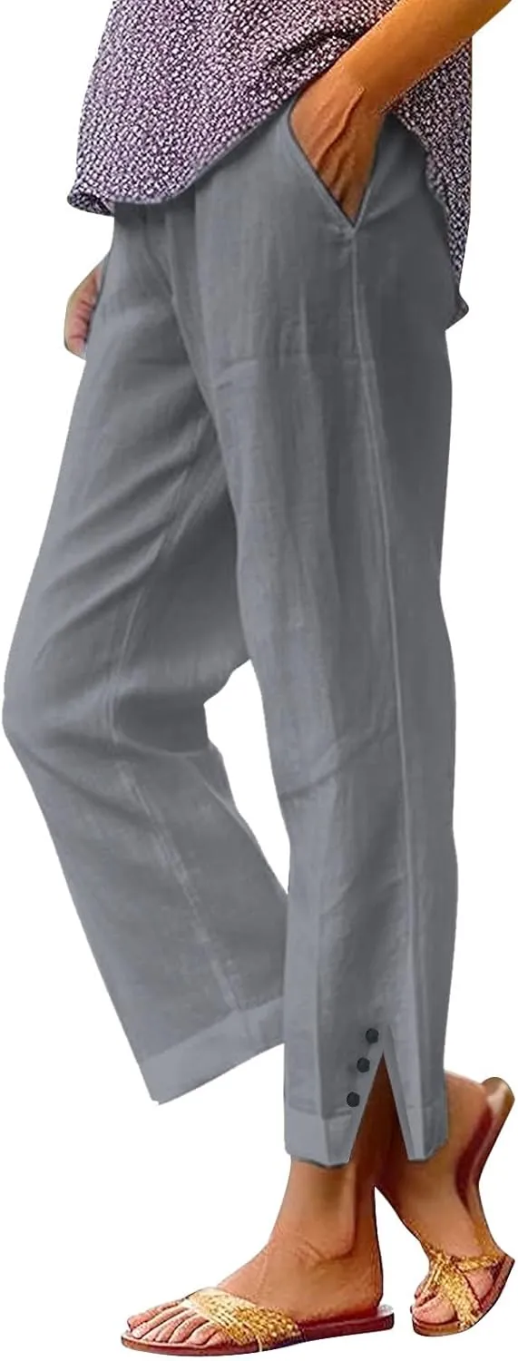 Linen Pants for Women Summer Elastic Waist Straight Leg Plus Size Crop Button Casual Beach Trousers with Pockets