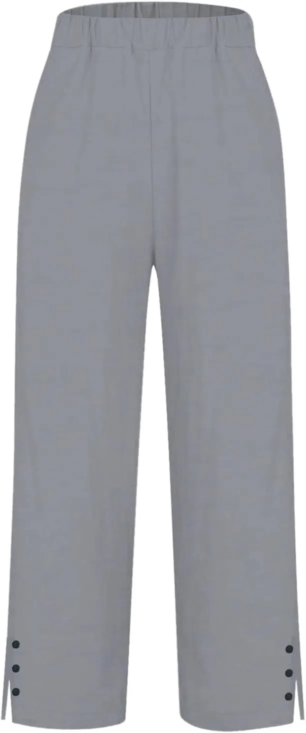Linen Pants for Women Summer Elastic Waist Straight Leg Plus Size Crop Button Casual Beach Trousers with Pockets