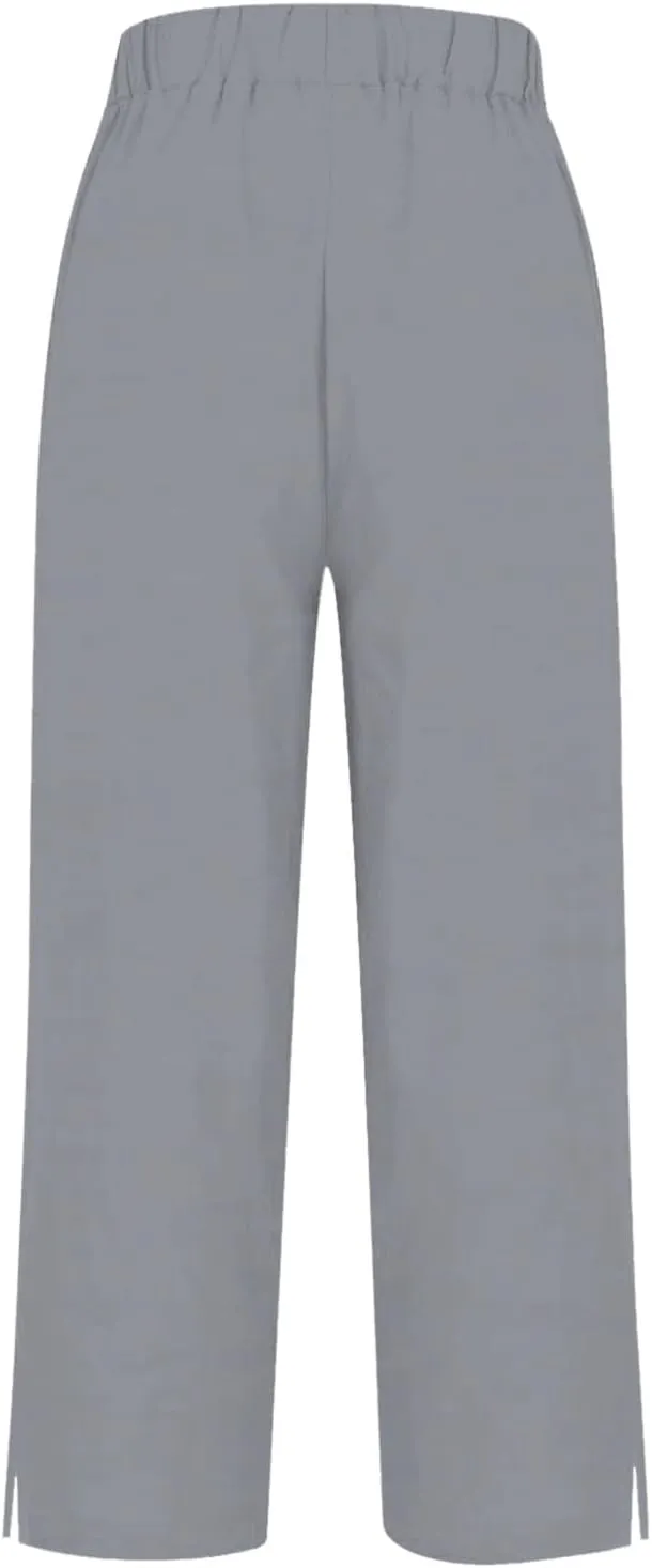 Linen Pants for Women Summer Elastic Waist Straight Leg Plus Size Crop Button Casual Beach Trousers with Pockets