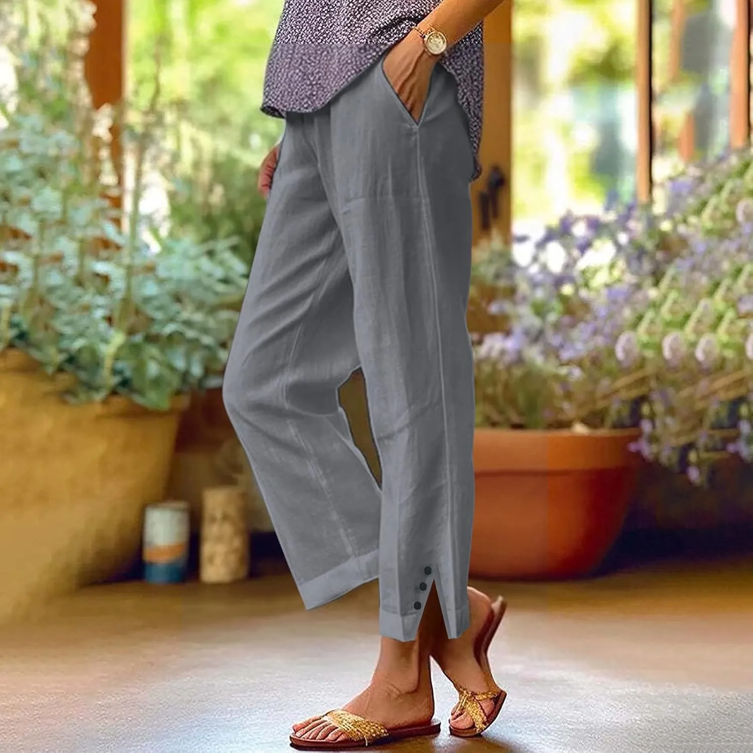 Linen Pants for Women Summer Elastic Waist Straight Leg Plus Size Crop Button Casual Beach Trousers with Pockets