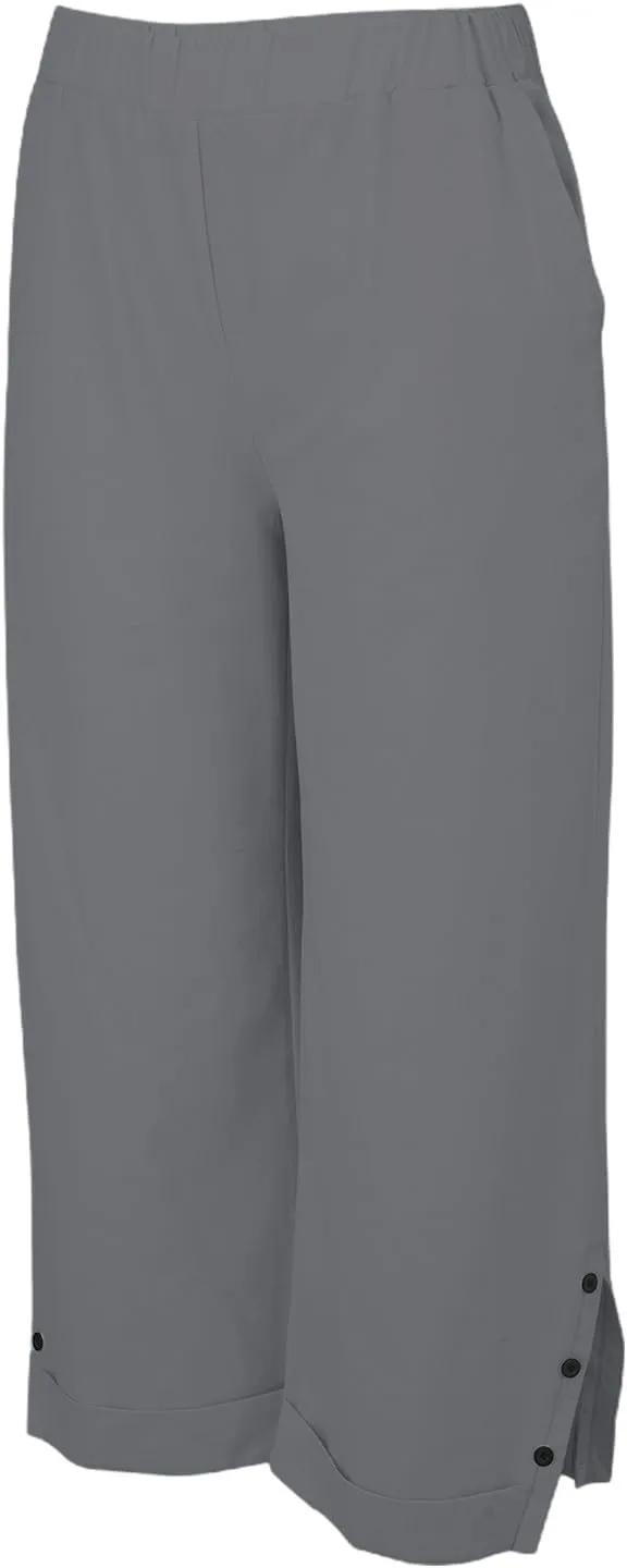 Linen Pants for Women Summer Elastic Waist Straight Leg Plus Size Crop Button Casual Beach Trousers with Pockets