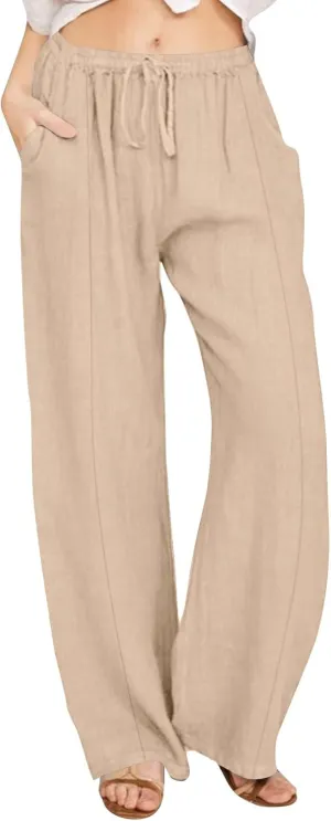 Linen Pants for Women Summer Solid Elastic Waist Wide Leg Loose Casual Vacation Beach Palazzo Pants with Pockets