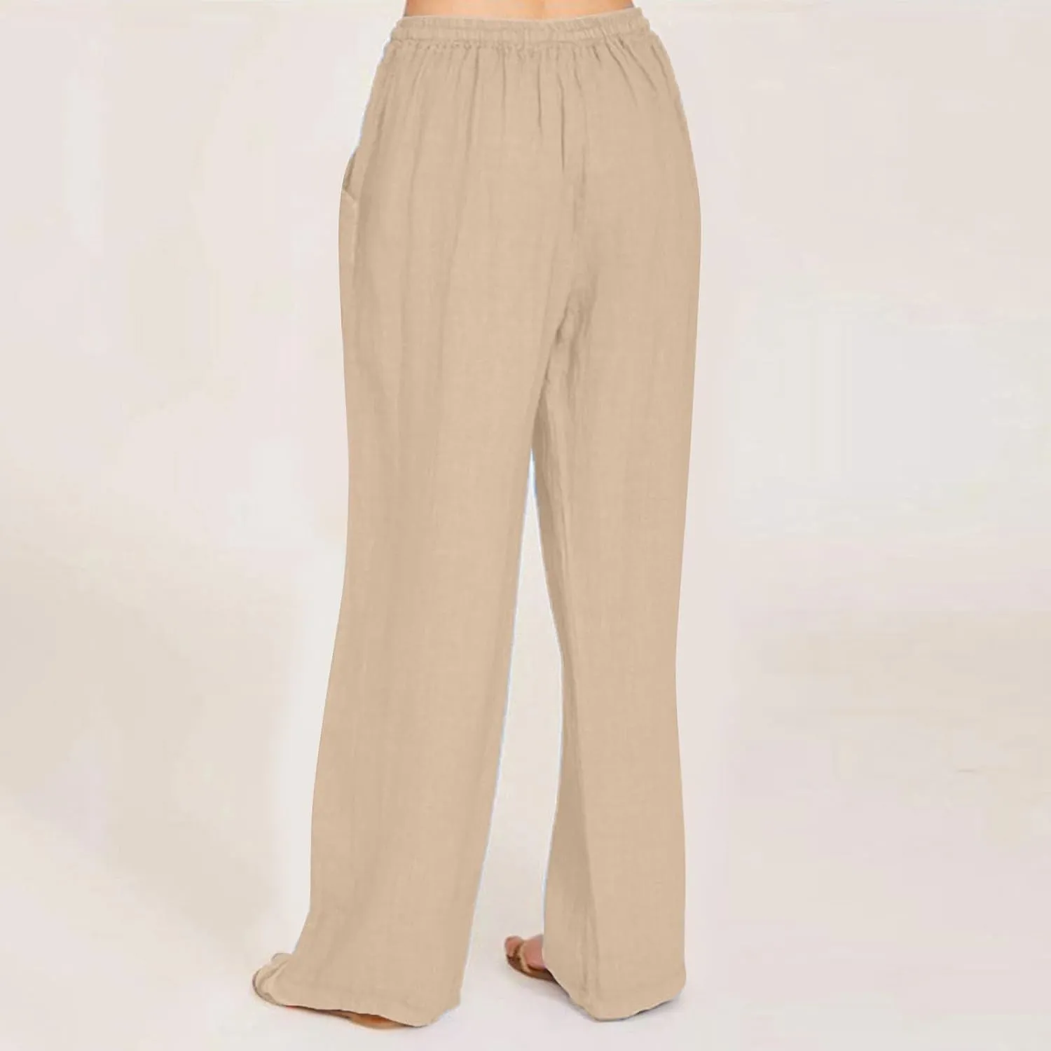 Linen Pants for Women Summer Solid Elastic Waist Wide Leg Loose Casual Vacation Beach Palazzo Pants with Pockets