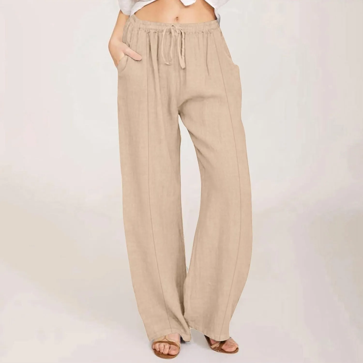 Linen Pants for Women Summer Solid Elastic Waist Wide Leg Loose Casual Vacation Beach Palazzo Pants with Pockets