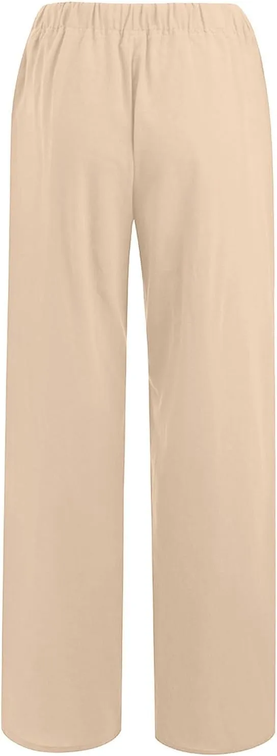 Linen Pants for Women Summer Solid Elastic Waist Wide Leg Loose Casual Vacation Beach Palazzo Pants with Pockets