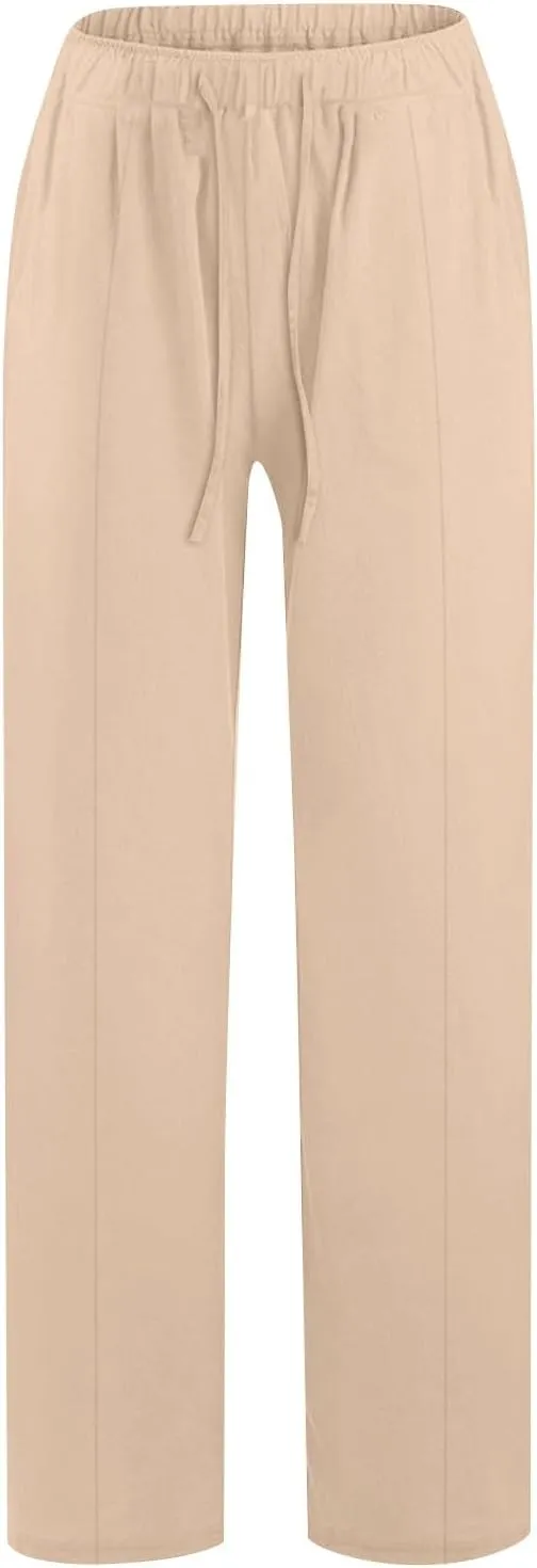 Linen Pants for Women Summer Solid Elastic Waist Wide Leg Loose Casual Vacation Beach Palazzo Pants with Pockets