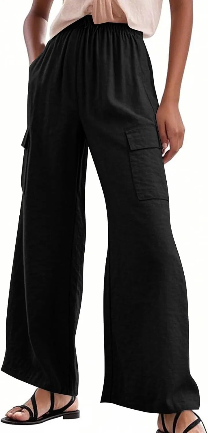 Linen Pants Women Summer Casual High Waisted Cargo Pants with Pockets Lightweight Loose Comfy Linen Palazzo Pants