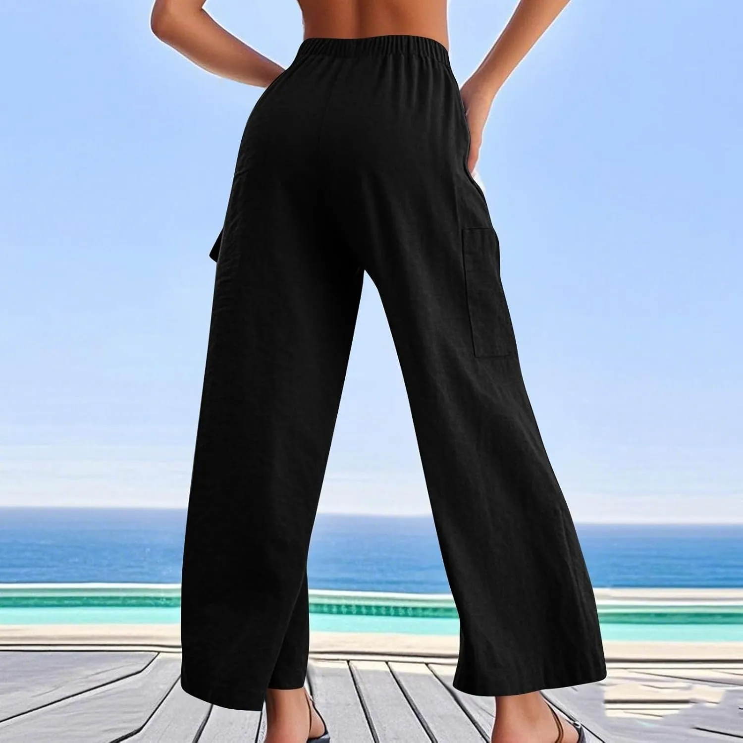 Linen Pants Women Summer Casual High Waisted Cargo Pants with Pockets Lightweight Loose Comfy Linen Palazzo Pants