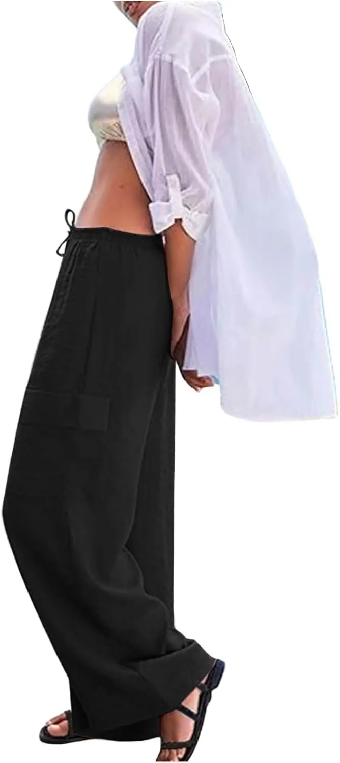 Linen Pants Women Summer Casual High Waisted Cargo Pants with Pockets Lightweight Loose Comfy Linen Palazzo Pants