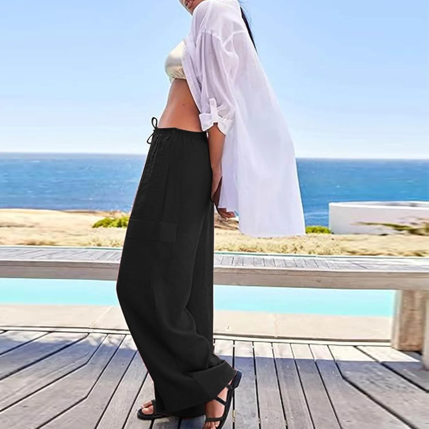 Linen Pants Women Summer Casual High Waisted Cargo Pants with Pockets Lightweight Loose Comfy Linen Palazzo Pants