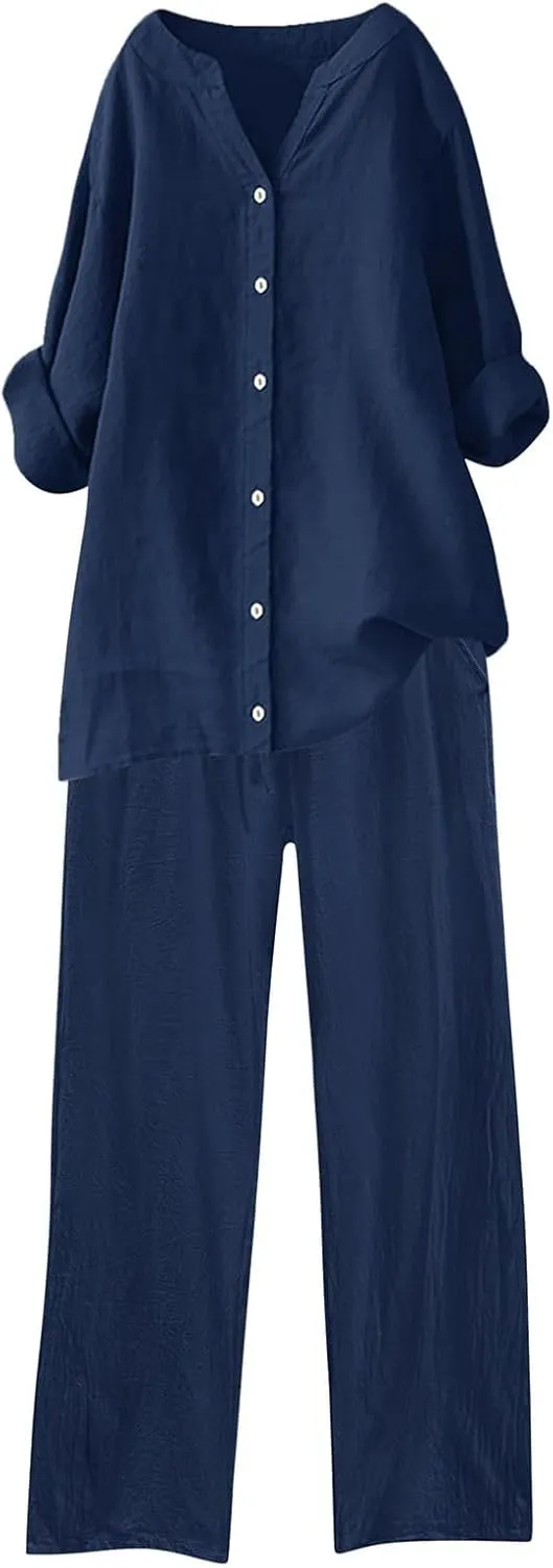 Linen Set for Women 2 Piece Trendy Summer Outfits Plus Size Short Sleeve Beach Tops Capri Pants Lounge Matching Sets