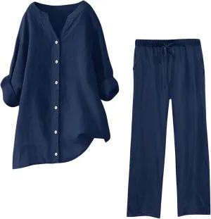 Linen Set for Women 2 Piece Trendy Summer Outfits Plus Size Short Sleeve Beach Tops Capri Pants Lounge Matching Sets