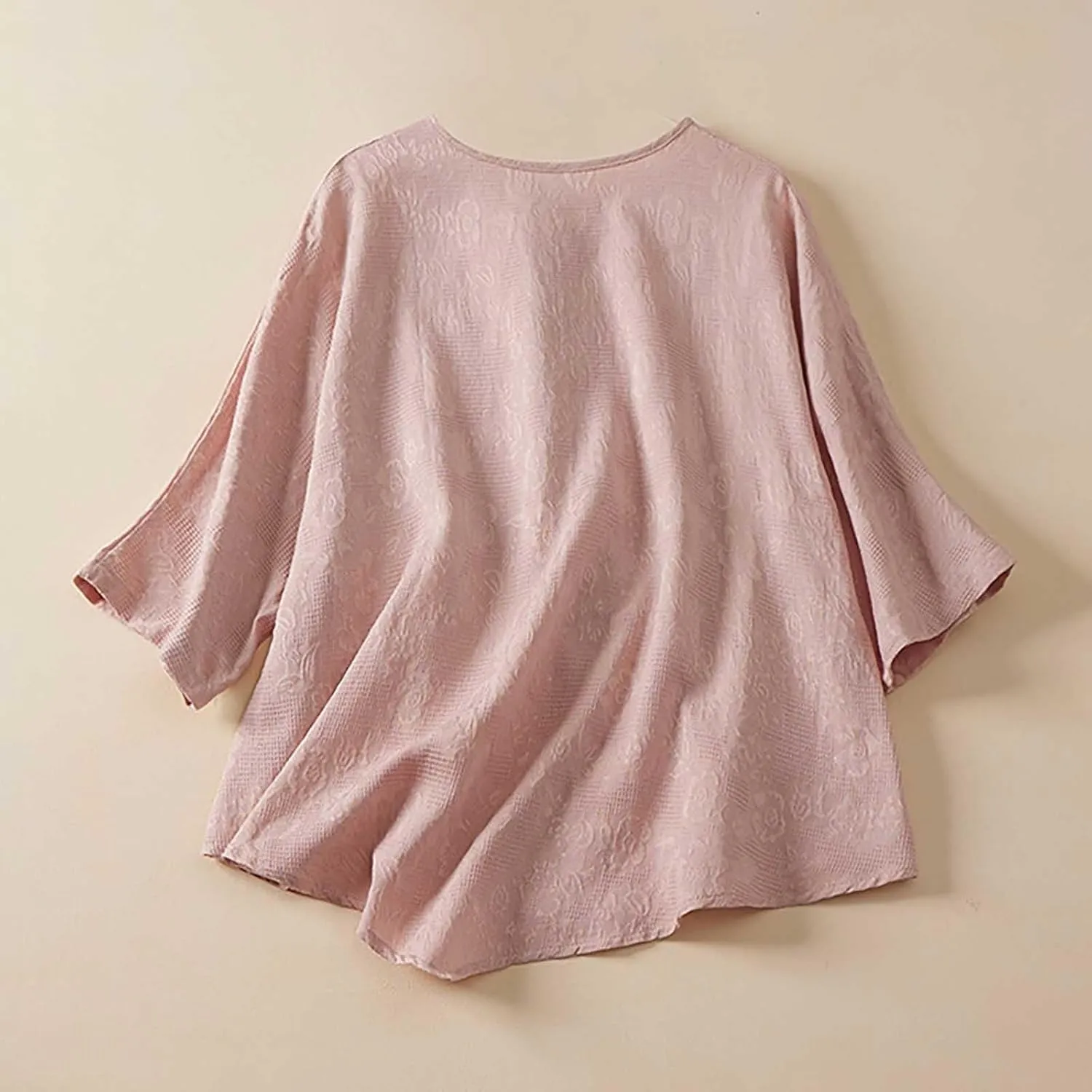 Linen Shirt Women Summer Flowy Elbow Sleeve Shirts Cute Vintage Embroidered Top Button Short Henley Tee Dressy Blouse
