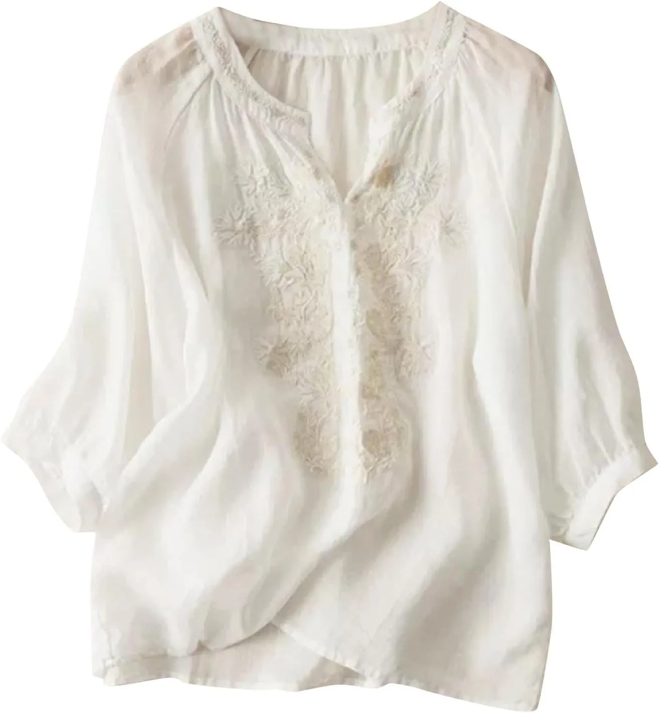 Linen Shirt Women Summer Flowy Elbow Sleeve Shirts Cute Vintage Embroidered Top Button Short Henley Tee Dressy Blouse