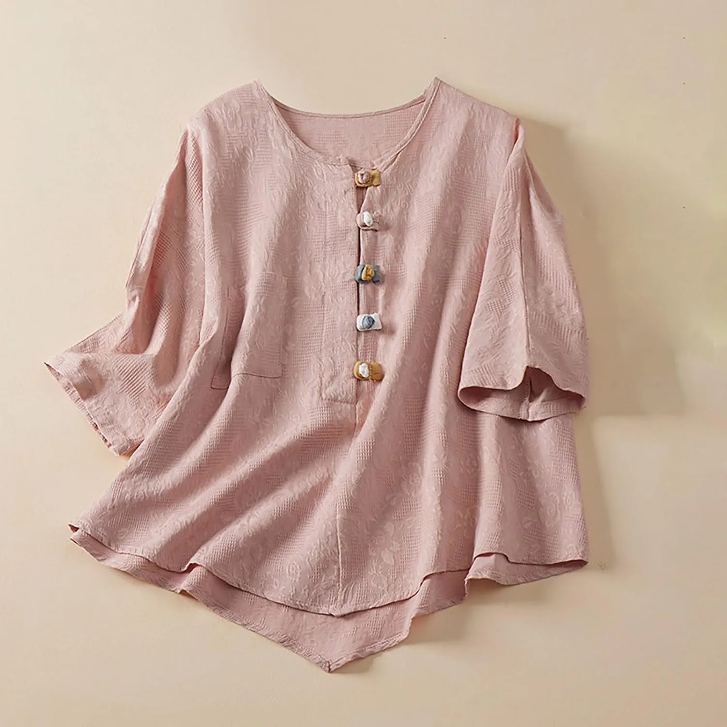 Linen Shirt Women Summer Flowy Elbow Sleeve Shirts Cute Vintage Embroidered Top Button Short Henley Tee Dressy Blouse