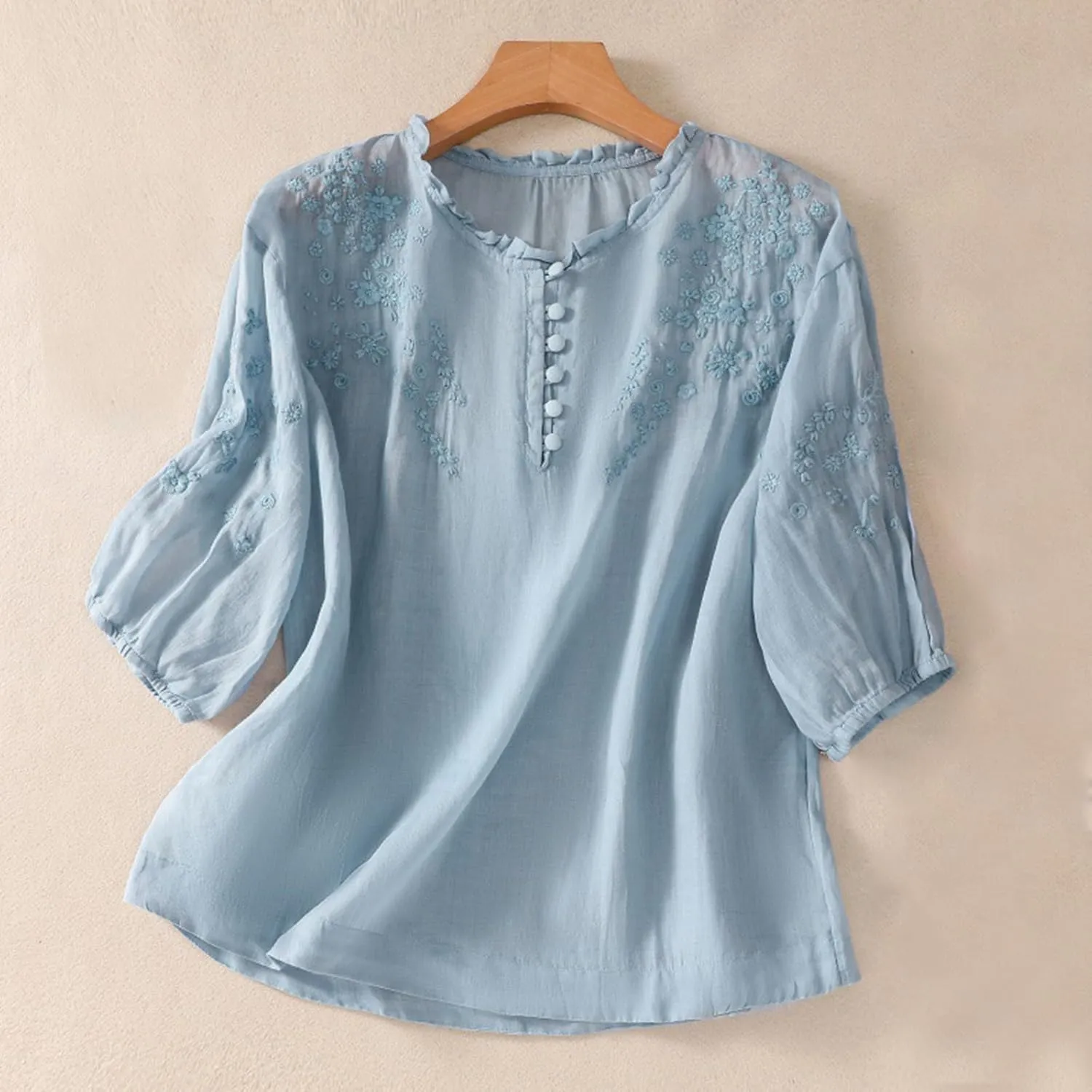 Linen Shirt Women Summer Flowy Elbow Sleeve Shirts Cute Vintage Embroidered Top Button Short Henley Tee Dressy Blouse