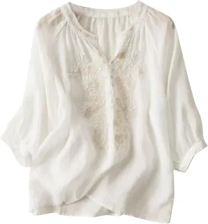 Linen Shirt Women Summer Flowy Elbow Sleeve Shirts Cute Vintage Embroidered Top Button Short Henley Tee Dressy Blouse
